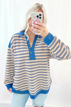 Sale Dear-Lover Buttoned V Neck Collared Drop Shoulder Top Blue Stripe