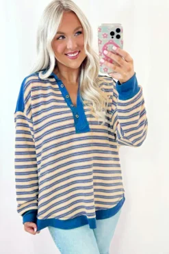 Sale Dear-Lover Buttoned V Neck Collared Drop Shoulder Top Blue Stripe