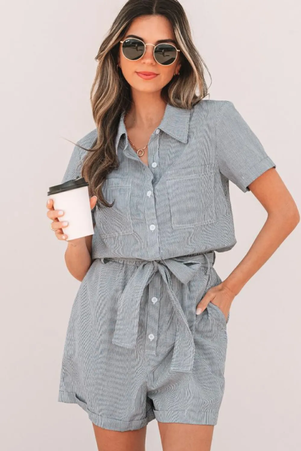 Discount Dear-Lover Chest Pockets Buttoned Belted High Waist Romper Blue Stripe