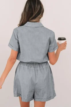 Discount Dear-Lover Chest Pockets Buttoned Belted High Waist Romper Blue Stripe