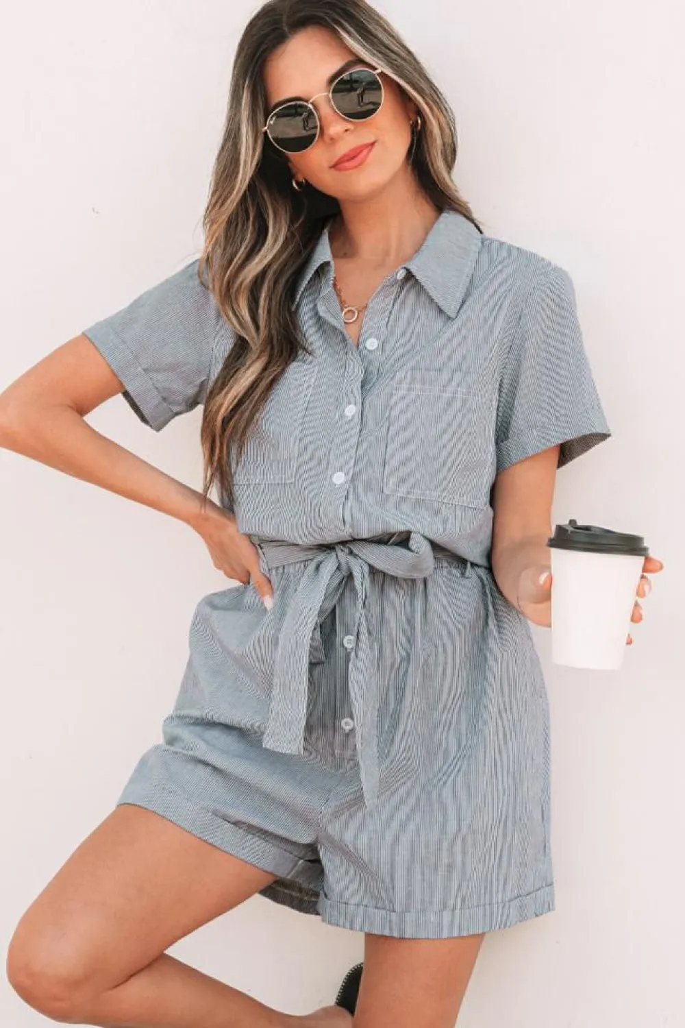 Discount Dear-Lover Chest Pockets Buttoned Belted High Waist Romper Blue Stripe