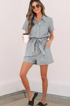 Discount Dear-Lover Chest Pockets Buttoned Belted High Waist Romper Blue Stripe