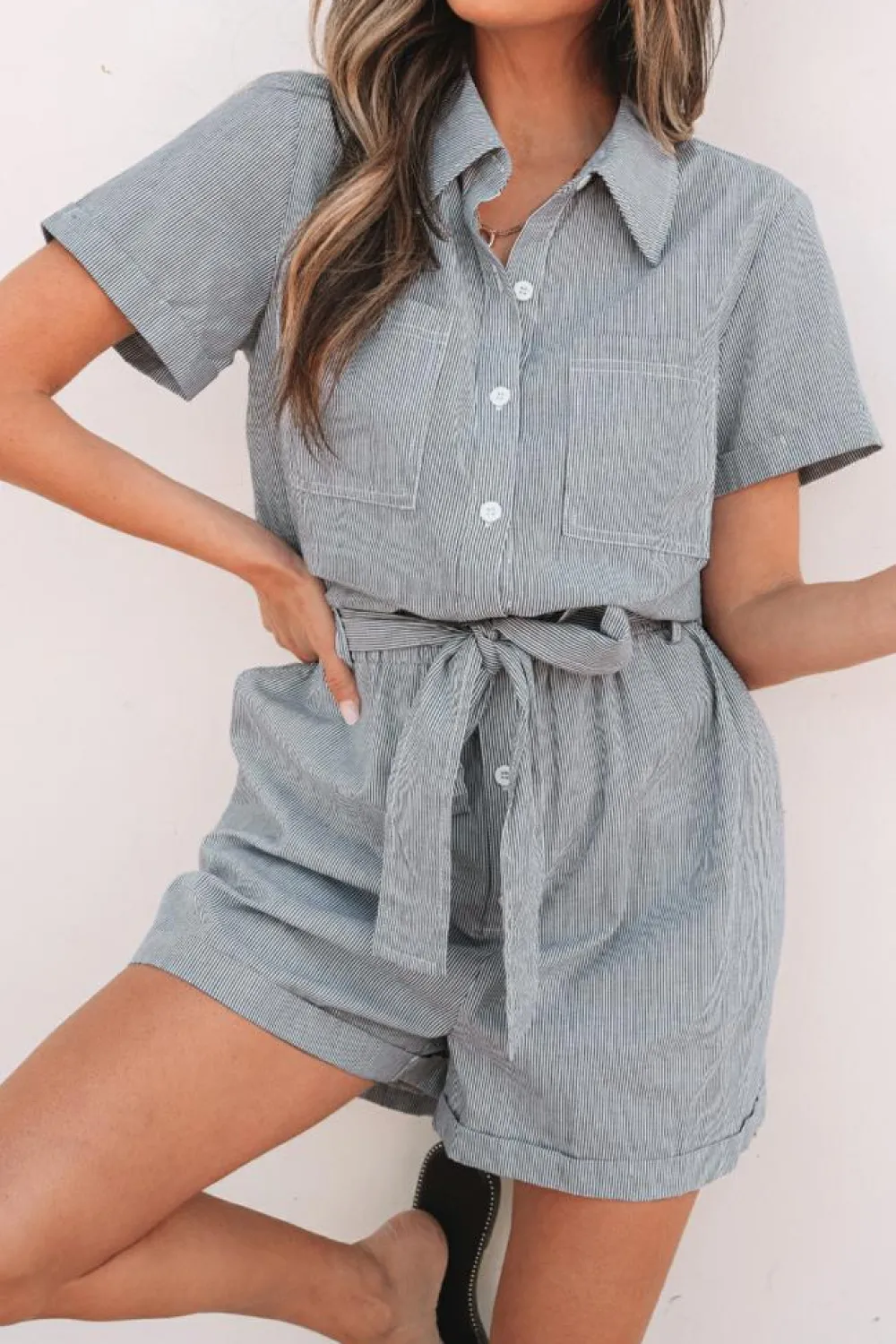 Discount Dear-Lover Chest Pockets Buttoned Belted High Waist Romper Blue Stripe