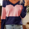 New Dear-Lover Colorblock Button Decor Long Sleeve V Neck Top Blue Stripe