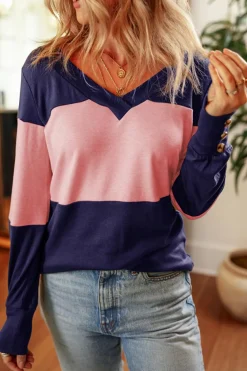 New Dear-Lover Colorblock Button Decor Long Sleeve V Neck Top Blue Stripe