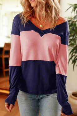 New Dear-Lover Colorblock Button Decor Long Sleeve V Neck Top Blue Stripe