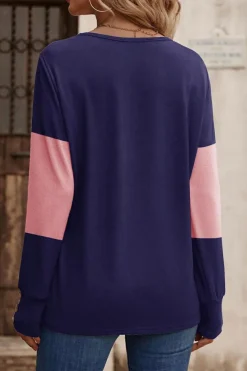 New Dear-Lover Colorblock Button Decor Long Sleeve V Neck Top Blue Stripe