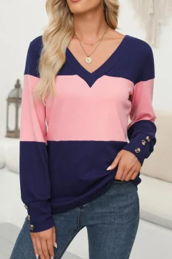 New Dear-Lover Colorblock Button Decor Long Sleeve V Neck Top Blue Stripe