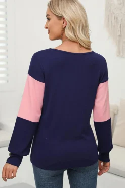 New Dear-Lover Colorblock Button Decor Long Sleeve V Neck Top Blue Stripe