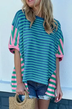 New Dear-Lover Colorblock Patchwork Baggy T Shirt Blue Stripe