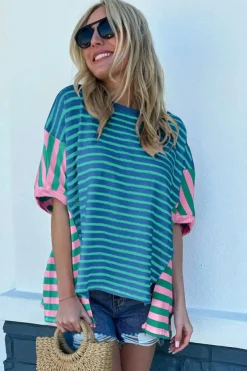 New Dear-Lover Colorblock Patchwork Baggy T Shirt Blue Stripe