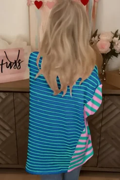 New Dear-Lover Colorblock Patchwork Baggy T Shirt Blue Stripe