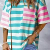 New Dear-Lover Contrast Patch Pocket Drop Sleeve T Shirt Blue Stripe