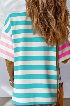 New Dear-Lover Contrast Patch Pocket Drop Sleeve T Shirt Blue Stripe