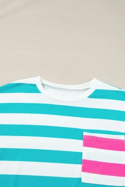 New Dear-Lover Contrast Patch Pocket Drop Sleeve T Shirt Blue Stripe