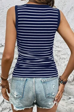 Hot Dear-Lover Contrast Round Neck Sleeveless Slim Top Blue Stripe
