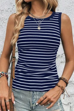 Hot Dear-Lover Contrast Round Neck Sleeveless Slim Top Blue Stripe