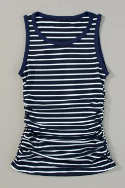 Hot Dear-Lover Contrast Round Neck Sleeveless Slim Top Blue Stripe