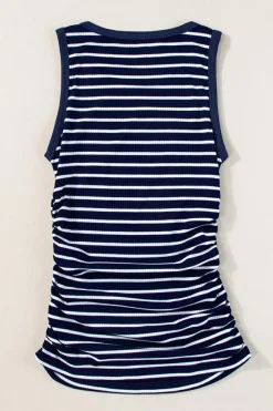 Hot Dear-Lover Contrast Round Neck Sleeveless Slim Top Blue Stripe