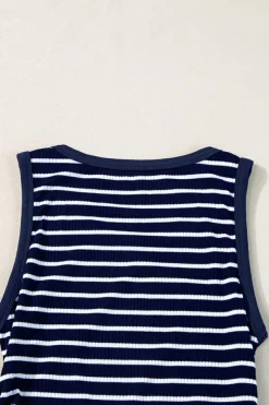 Hot Dear-Lover Contrast Round Neck Sleeveless Slim Top Blue Stripe