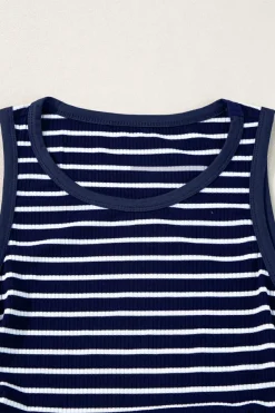 Hot Dear-Lover Contrast Round Neck Sleeveless Slim Top Blue Stripe
