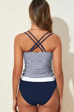 Online Dear-Lover Drawstring Tummy Control Mix-and-match 2pcs Tankini Swimsuit Blue Stripe