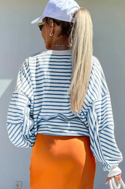 Online Dear-Lover Drop Shoulder Crew Neck Loose Sweatshirt Blue Stripe