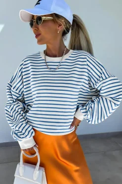 Online Dear-Lover Drop Shoulder Crew Neck Loose Sweatshirt Blue Stripe