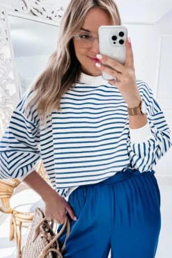 Online Dear-Lover Drop Shoulder Crew Neck Loose Sweatshirt Blue Stripe