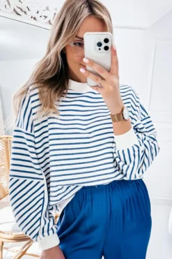 Online Dear-Lover Drop Shoulder Crew Neck Loose Sweatshirt Blue Stripe