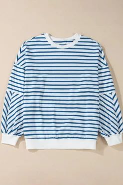 Online Dear-Lover Drop Shoulder Crew Neck Loose Sweatshirt Blue Stripe