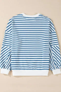 Online Dear-Lover Drop Shoulder Crew Neck Loose Sweatshirt Blue Stripe