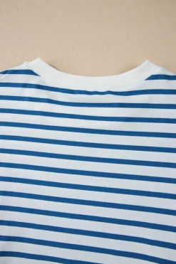 Online Dear-Lover Drop Shoulder Crew Neck Loose Sweatshirt Blue Stripe