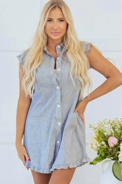 Outlet Dear-Lover Frilled Sleeveless Collar Front Pocket Button Up Mini Dress Blue Stripe