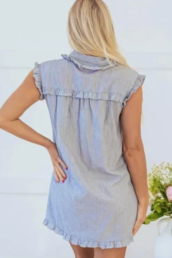 Outlet Dear-Lover Frilled Sleeveless Collar Front Pocket Button Up Mini Dress Blue Stripe