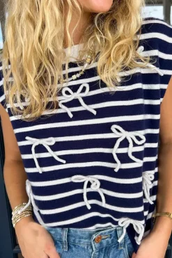 Discount Dear-Lover Knitted Bow Decor Sweater Vest Blue Stripe
