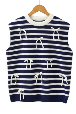 Discount Dear-Lover Knitted Bow Decor Sweater Vest Blue Stripe