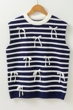 Discount Dear-Lover Knitted Bow Decor Sweater Vest Blue Stripe