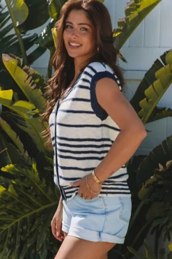 Hot Dear-Lover Loose Buttoned V Neck Sweater Vest Blue Stripe