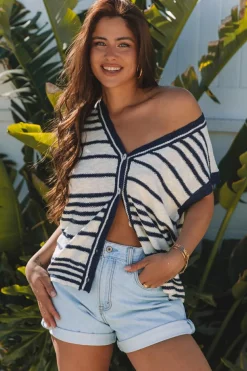 Hot Dear-Lover Loose Buttoned V Neck Sweater Vest Blue Stripe