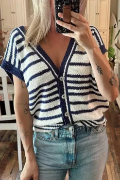 Hot Dear-Lover Loose Buttoned V Neck Sweater Vest Blue Stripe