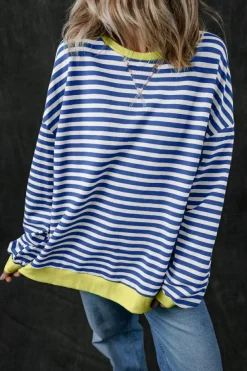 New Dear-Lover Oversized Contrast Trim Pullover Sweatshirt Blue Stripe