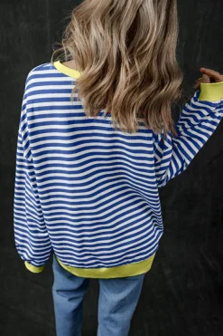New Dear-Lover Oversized Contrast Trim Pullover Sweatshirt Blue Stripe