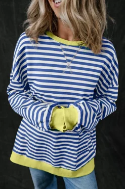 New Dear-Lover Oversized Contrast Trim Pullover Sweatshirt Blue Stripe