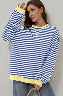 New Dear-Lover Oversized Contrast Trim Pullover Sweatshirt Blue Stripe