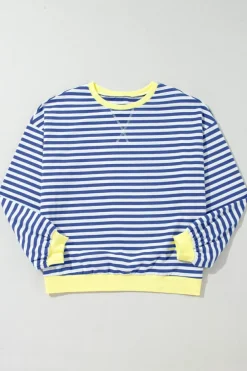 New Dear-Lover Oversized Contrast Trim Pullover Sweatshirt Blue Stripe