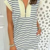 Sale Dear-Lover Quarter Zip Collared Cap Sleeve Mini Dress Blue Stripe