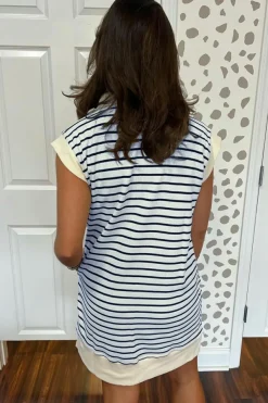 Sale Dear-Lover Quarter Zip Collared Cap Sleeve Mini Dress Blue Stripe