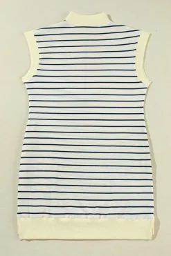 Sale Dear-Lover Quarter Zip Collared Cap Sleeve Mini Dress Blue Stripe