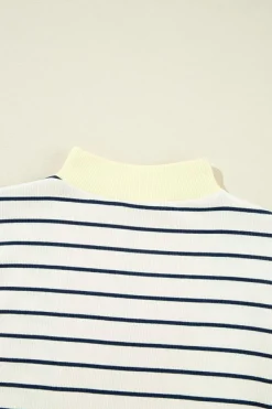 Sale Dear-Lover Quarter Zip Collared Cap Sleeve Mini Dress Blue Stripe